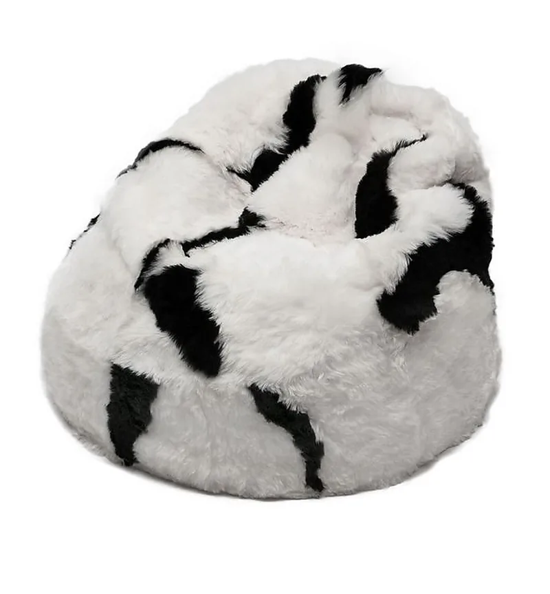 Pouf Coussin Peau de Mouton Islande Poils Courts - Blanc Taches Noires