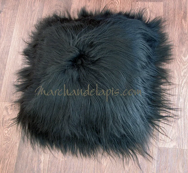 Coussin peau de mouton Noir Marron poils longs